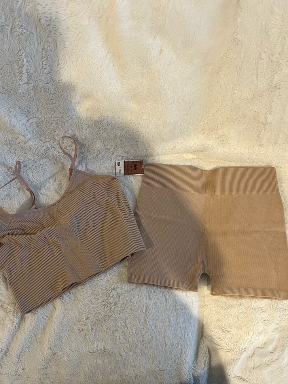 Bozzolo Seamless Ribbed Bralette & High-Waist Shorts Set - Beige